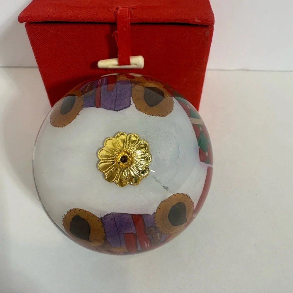 Christmas House Hand Painted Large Glass Ornament Teddy Bear Red Box